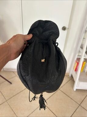 Nicole Richie Collection Black Leather Drawstring Mini Pouch with Gold Logo